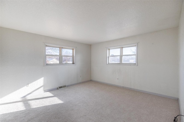 empty room featuring light carpet, plenty of natural light, a textured ceiling, and baseboards