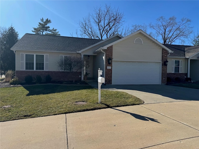 ranch-style house with a front yard, brick siding, driveway, and an attached garage