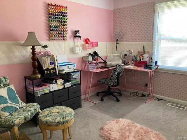 home office featuring visible vents, carpet flooring, and wallpapered walls