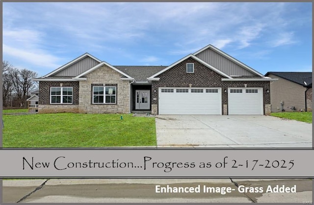 view of front of home featuring a front lawn, concrete driveway, brick siding, and an attached garage