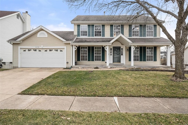 view of front of home with a garage, concrete driveway, a front lawn, and a shingled roof