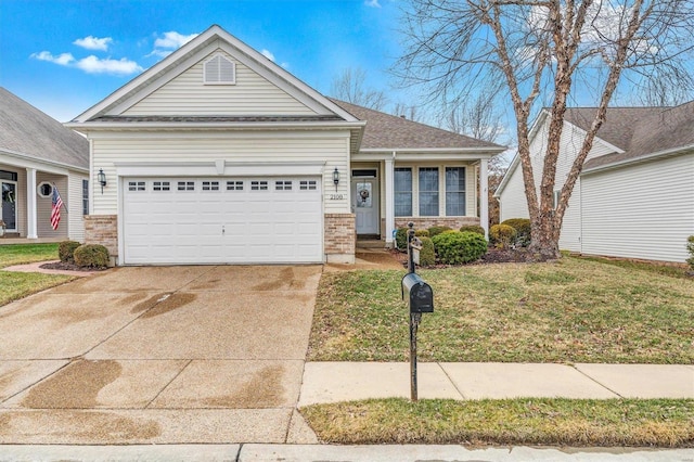 view of front facade featuring driveway, brick siding, a shingled roof, an attached garage, and a front yard