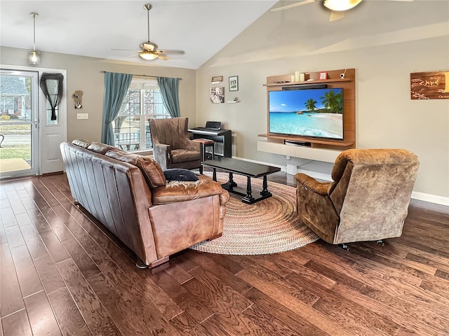 living room with ceiling fan, dark hardwood / wood-style floors, and lofted ceiling