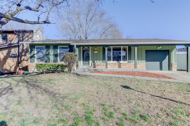 ranch-style house with brick siding, board and batten siding, a chimney, driveway, and an attached garage