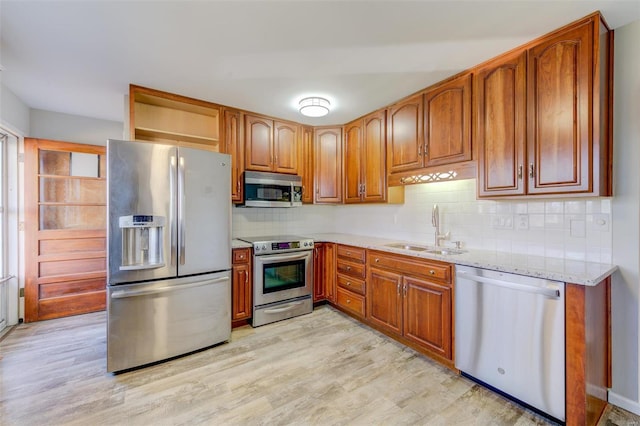 kitchen featuring backsplash, light wood-style floors, appliances with stainless steel finishes, and a sink