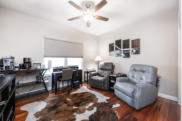 home office featuring ceiling fan and dark hardwood / wood-style flooring