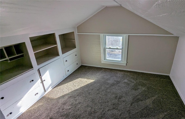 additional living space featuring carpet floors, baseboards, vaulted ceiling, and built in shelves