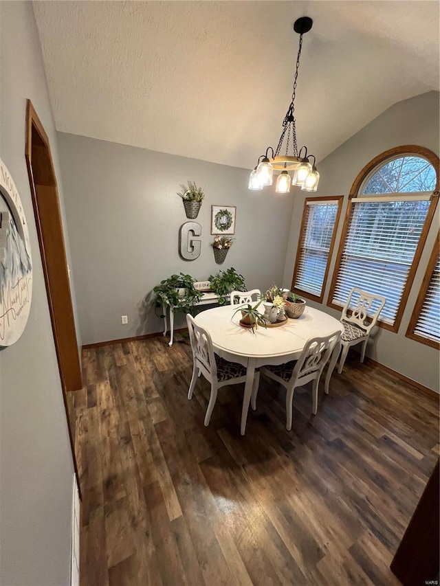 dining space featuring a textured ceiling, vaulted ceiling, and dark hardwood / wood-style floors