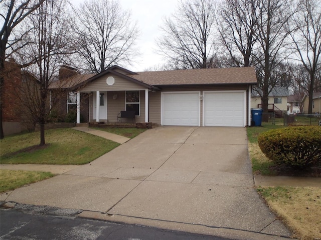 ranch-style home with a front lawn and a garage