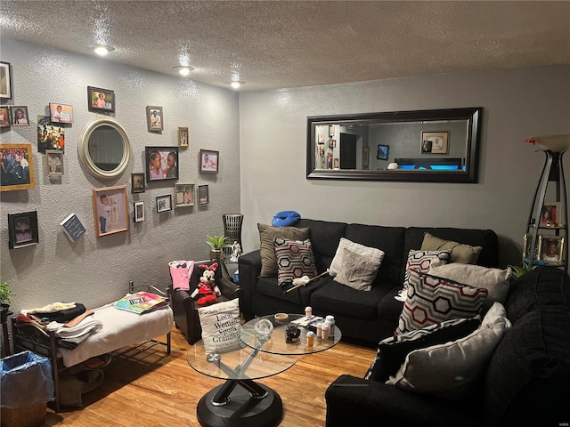 living room featuring a textured ceiling and hardwood / wood-style flooring