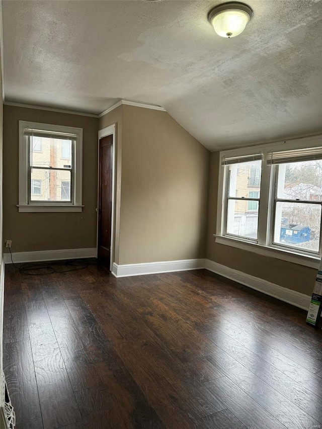 additional living space with dark wood finished floors, a textured ceiling, and lofted ceiling