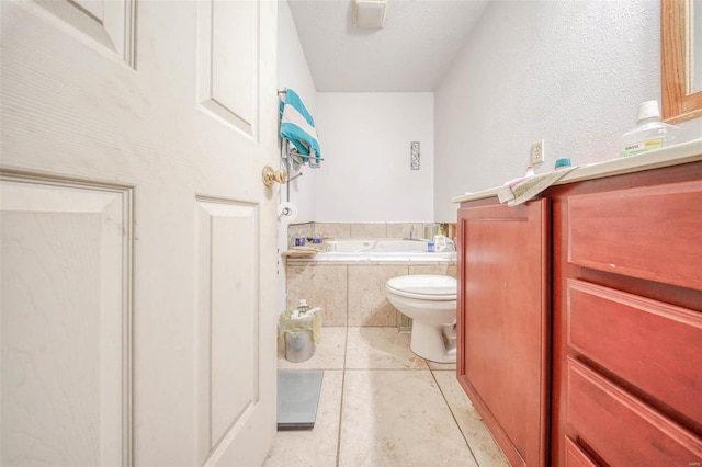 bathroom with toilet, a bath, and tile patterned floors