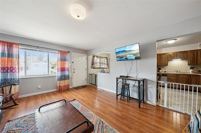 living room featuring sink and light hardwood / wood-style floors