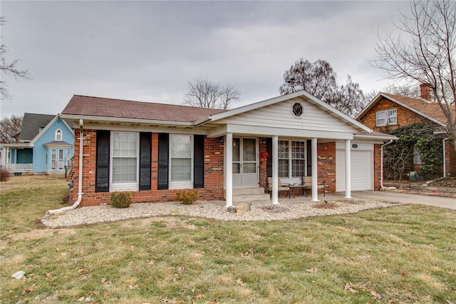 ranch-style house with a front yard, brick siding, driveway, and an attached garage