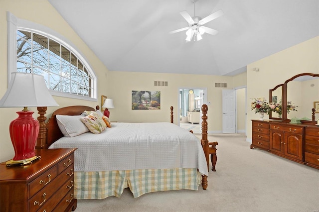 bedroom with light carpet, ceiling fan, visible vents, and vaulted ceiling