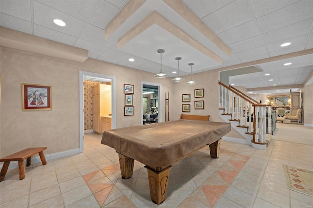 game room featuring recessed lighting, a drop ceiling, and baseboards