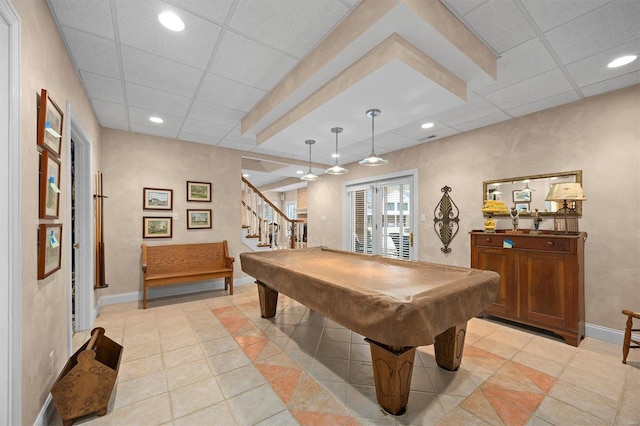 playroom featuring pool table, a drop ceiling, baseboards, and recessed lighting