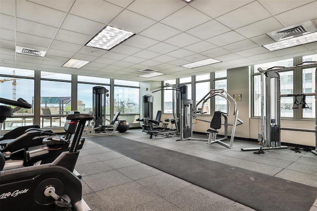 workout area featuring a paneled ceiling, floor to ceiling windows, and visible vents