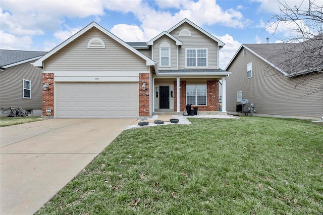 traditional home with a garage, a front lawn, concrete driveway, and brick siding