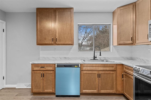 kitchen featuring a sink, stainless steel electric range oven, decorative backsplash, and dishwasher