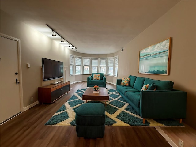 living room with baseboards, wood finished floors, and track lighting