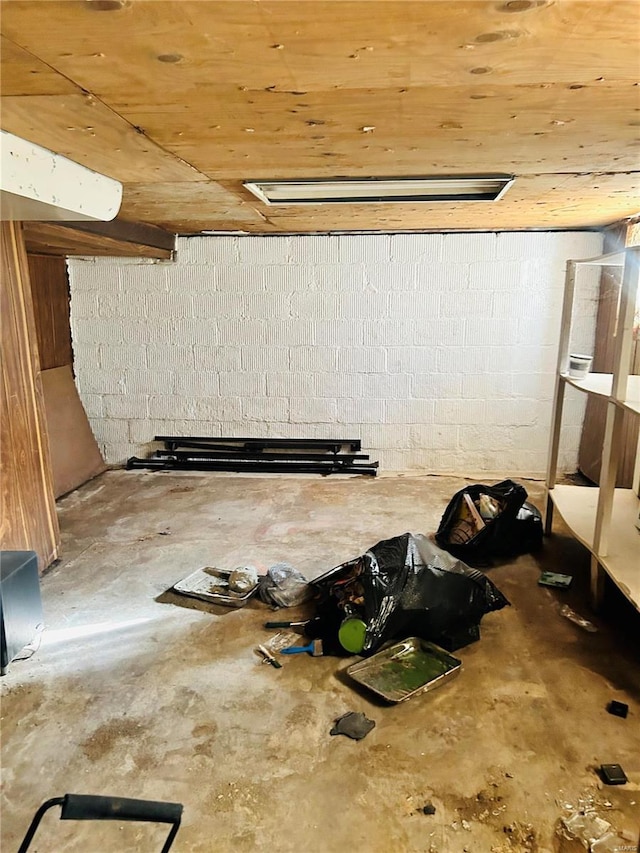 basement with concrete block wall and wood ceiling