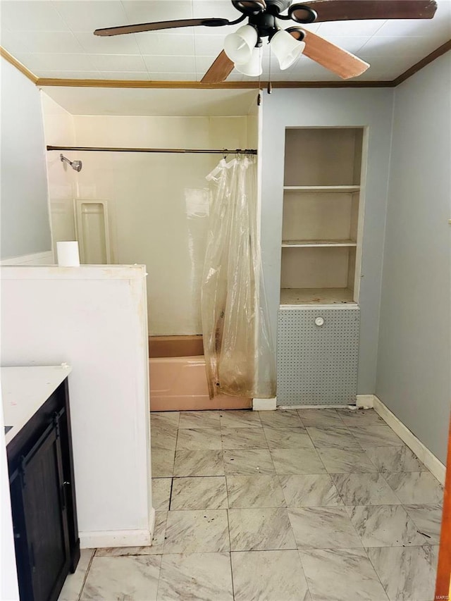 full bathroom featuring marble finish floor, shower / bath combo, a ceiling fan, baseboards, and vanity