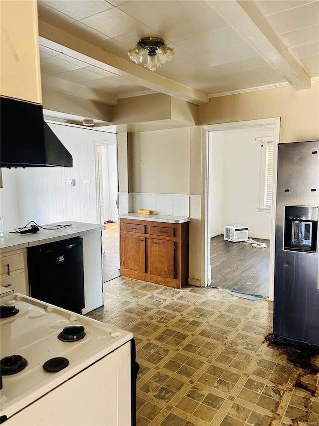 kitchen featuring stainless steel fridge with ice dispenser, white range with electric cooktop, beamed ceiling, dishwasher, and brown cabinetry