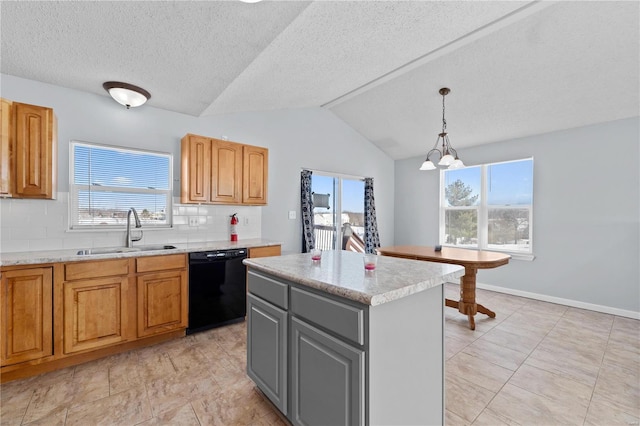 kitchen with a center island, black dishwasher, hanging light fixtures, vaulted ceiling, and a sink