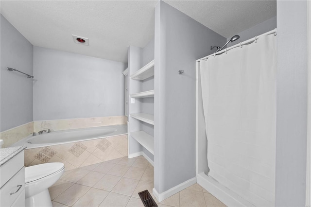 full bathroom featuring toilet, tile patterned flooring, a textured ceiling, vanity, and a bath