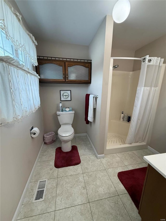 full bathroom with toilet, visible vents, baseboards, a shower stall, and tile patterned floors