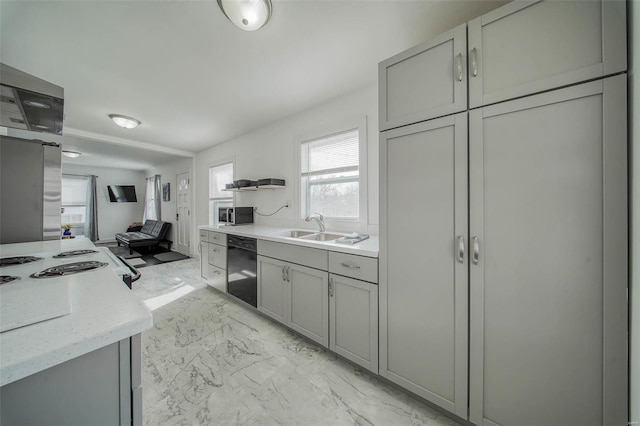 kitchen with electric range, a sink, marble finish floor, gray cabinets, and dishwasher