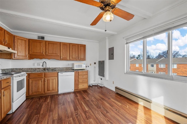 kitchen featuring white appliances, dark wood-style flooring, beamed ceiling, under cabinet range hood, and a baseboard heating unit