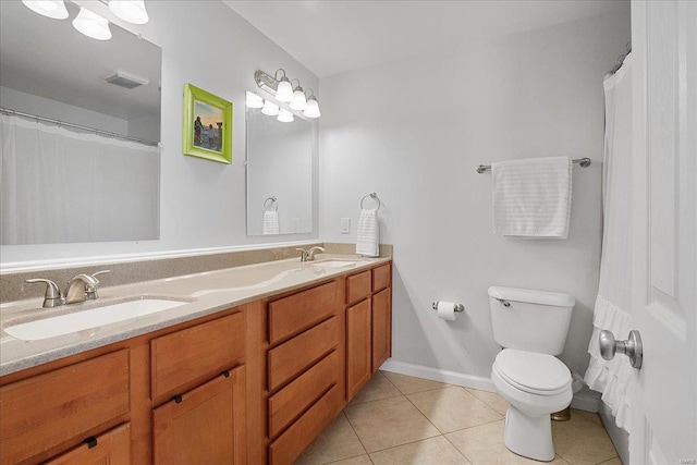 bathroom featuring toilet, a sink, visible vents, tile patterned floors, and double vanity