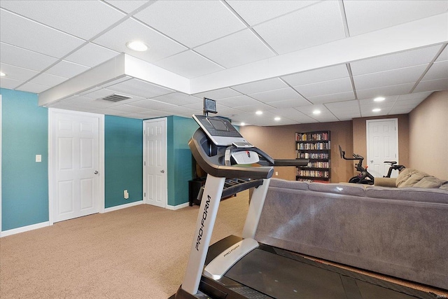 workout area featuring carpet floors, recessed lighting, visible vents, and baseboards