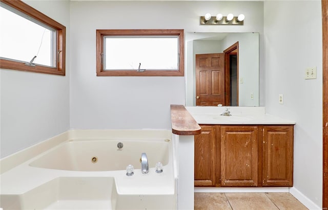 bathroom featuring a whirlpool tub, vanity, and tile patterned floors