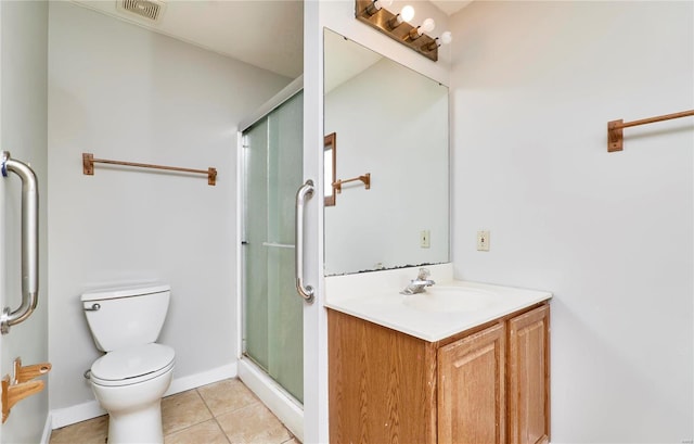 full bath with tile patterned flooring, visible vents, a shower stall, and vanity