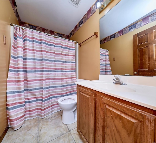 full bathroom with toilet, tile patterned flooring, visible vents, and vanity