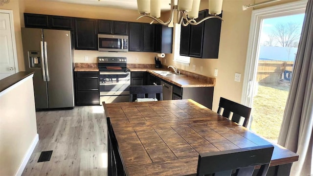 kitchen featuring light wood-style flooring, a notable chandelier, stainless steel appliances, a sink, and visible vents