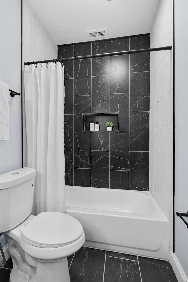 bathroom featuring visible vents, shower / tub combo with curtain, toilet, and marble finish floor