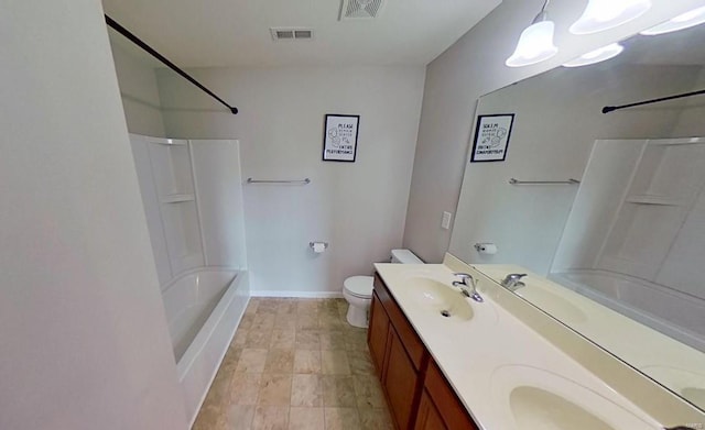 bathroom with shower / bath combination, double vanity, visible vents, toilet, and a sink