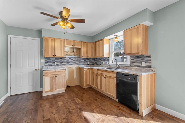 kitchen featuring a sink, light brown cabinets, dark wood finished floors, and dishwasher