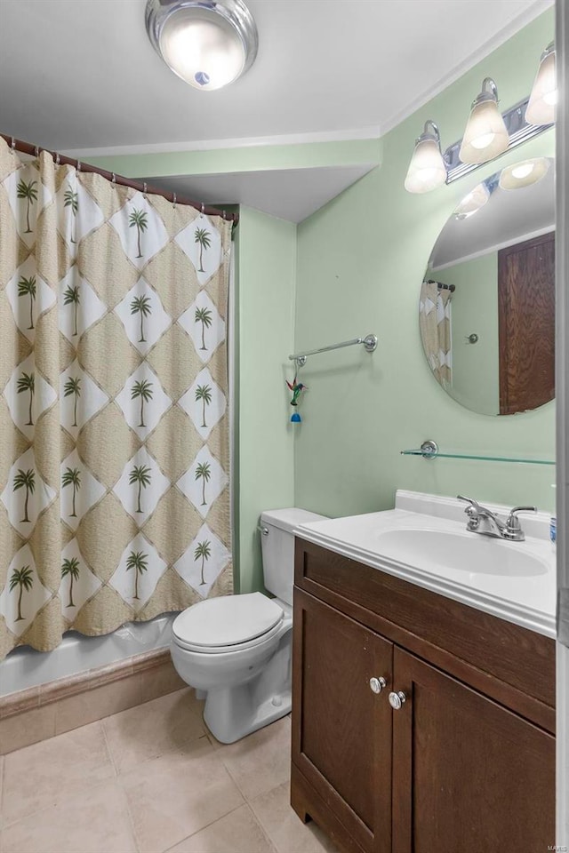 bathroom with shower / bathtub combination with curtain, toilet, ornamental molding, vanity, and tile patterned flooring