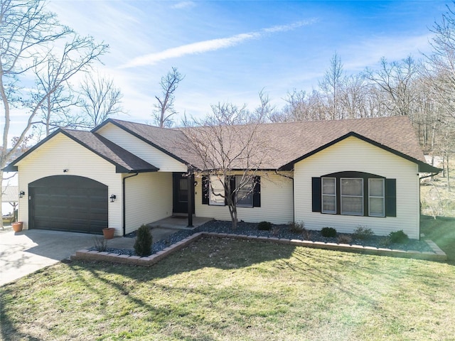 single story home with a garage, roof with shingles, driveway, and a front lawn