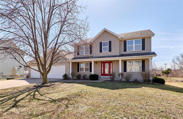 traditional home featuring driveway and a front yard