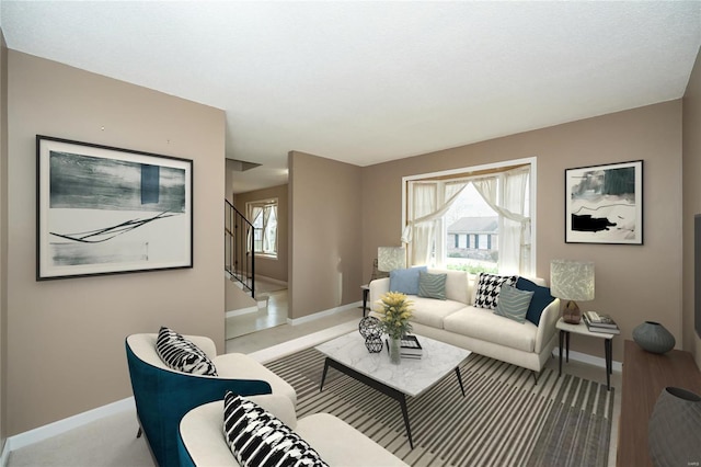 living room featuring stairway, light colored carpet, and baseboards