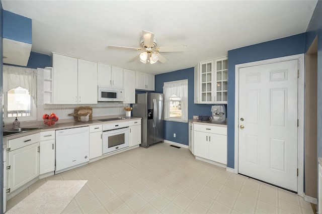 kitchen featuring ceiling fan, open shelves, white appliances, and white cabinets