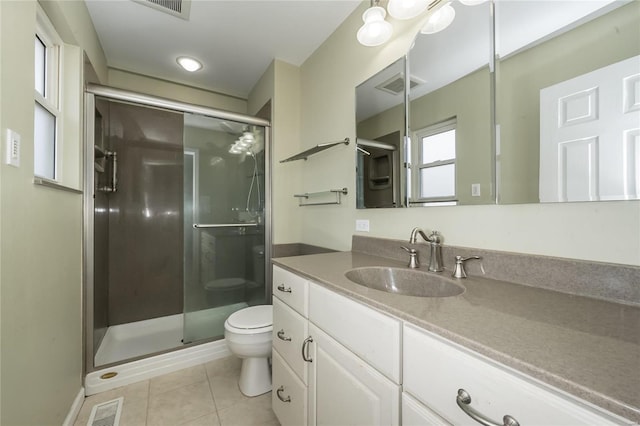 full bath featuring tile patterned flooring, visible vents, a stall shower, and toilet