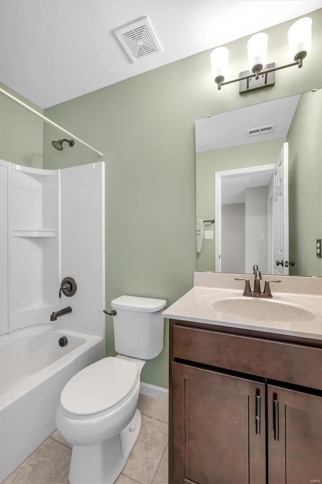 bathroom featuring bathtub / shower combination, toilet, vanity, and visible vents