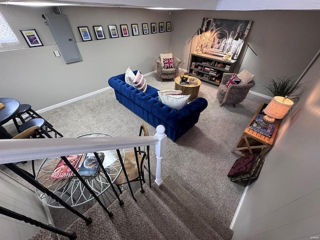 living area with carpet flooring and baseboards